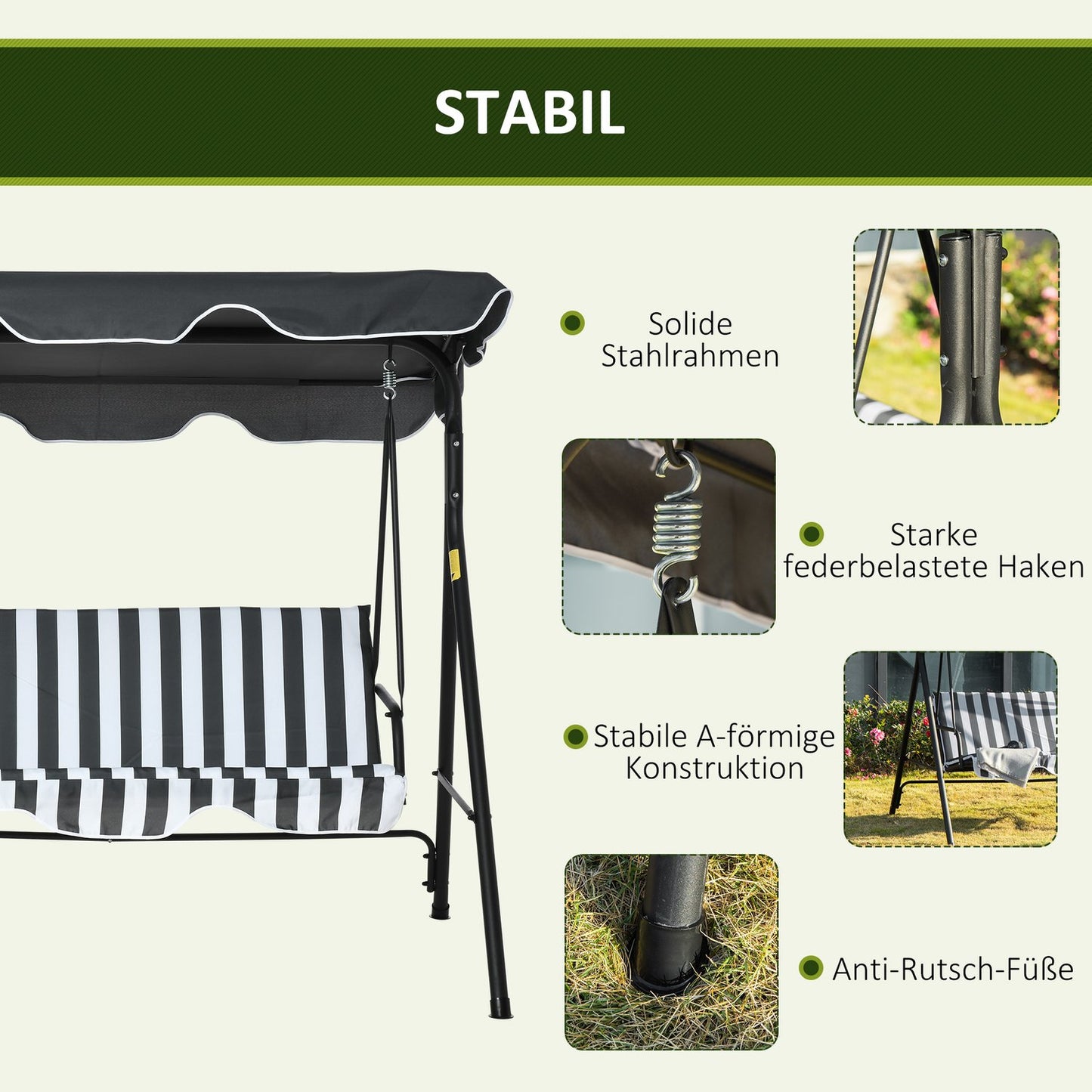 3-seat Garden swing bench in steel with roof, grey/white