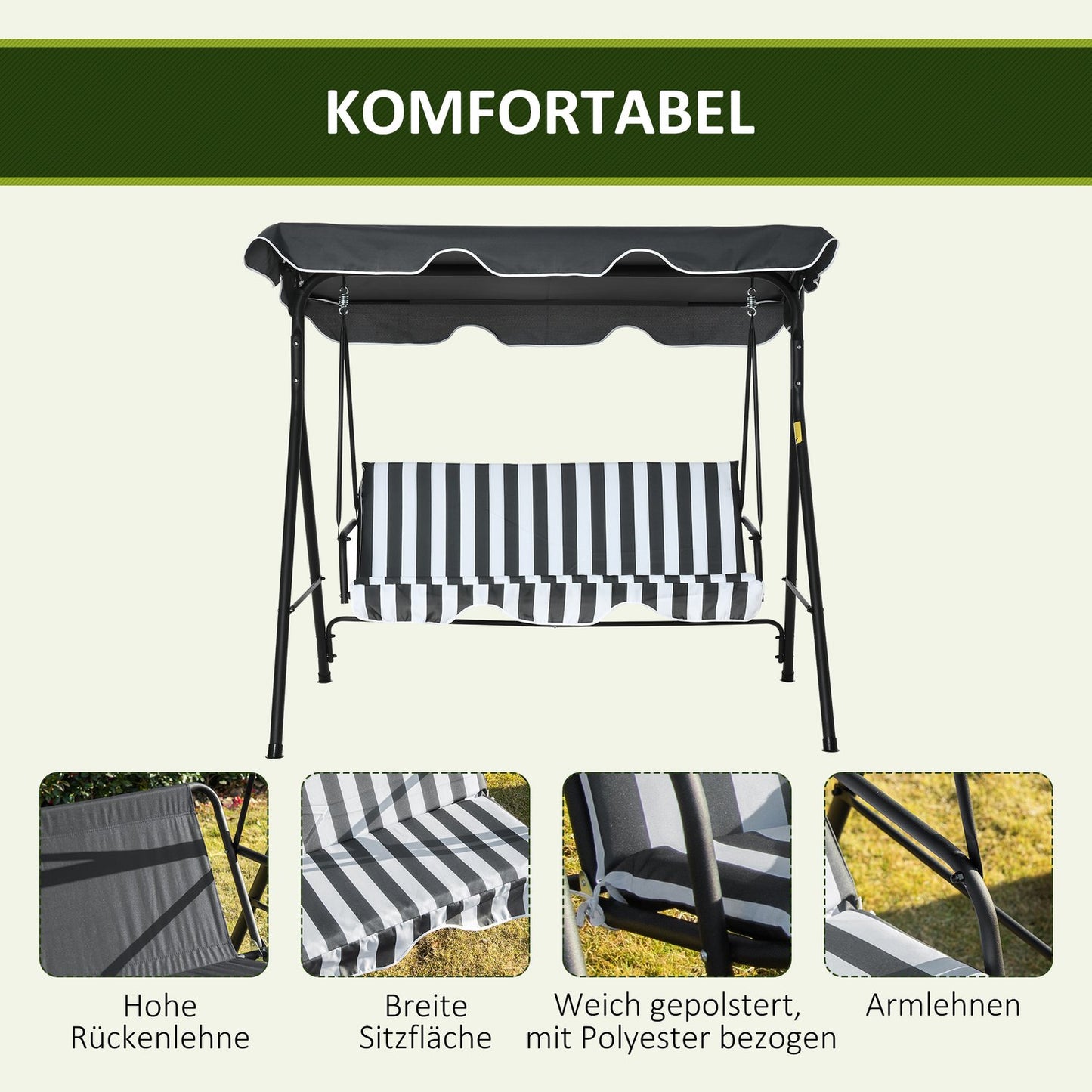 3-seat Garden swing bench in steel with roof, grey/white