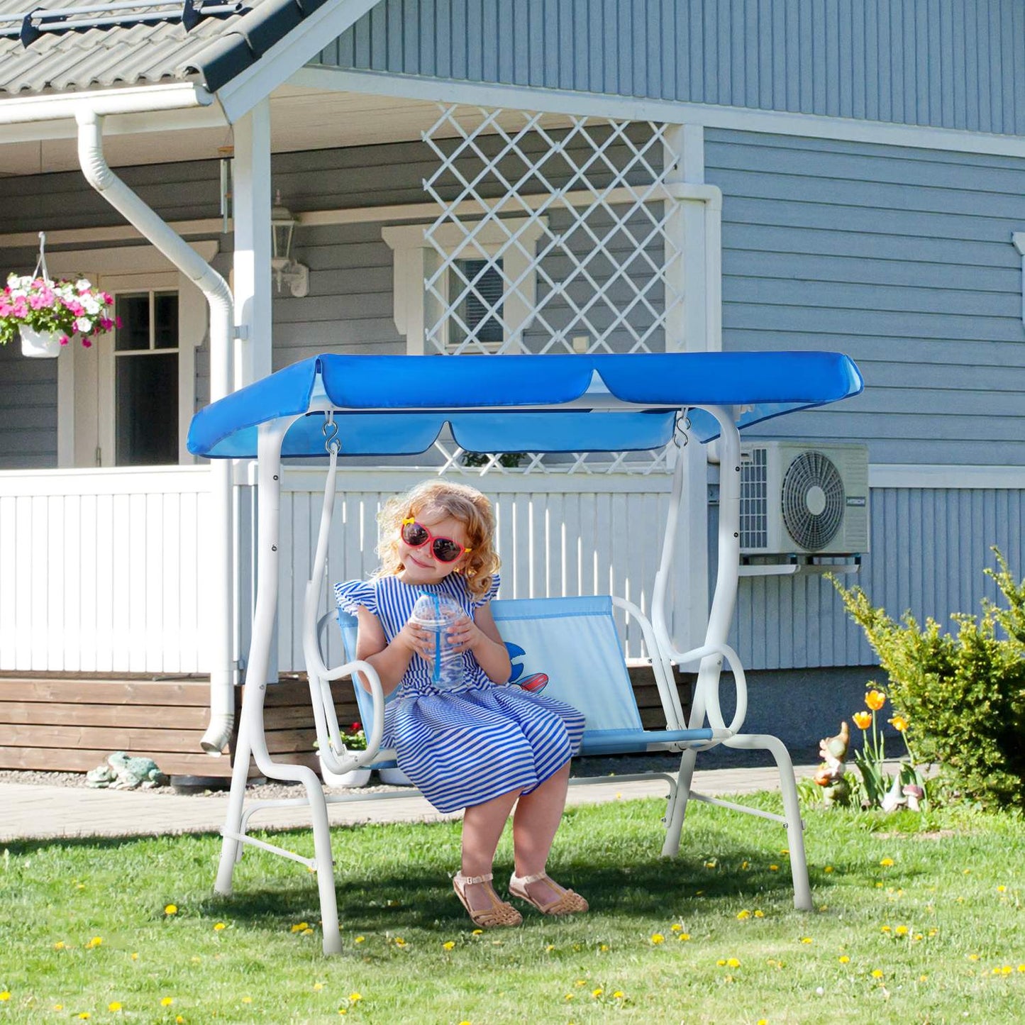 Children's 2-seat garden swing with adjustable sun protection