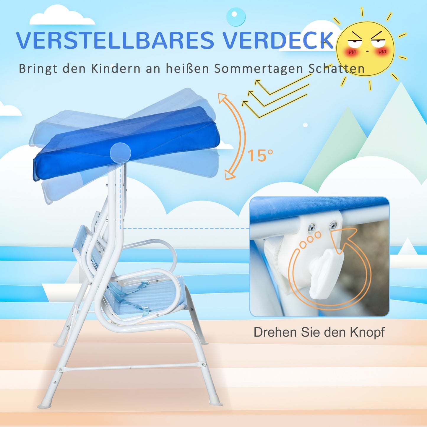 Children's 2-seat garden swing with adjustable sun protection