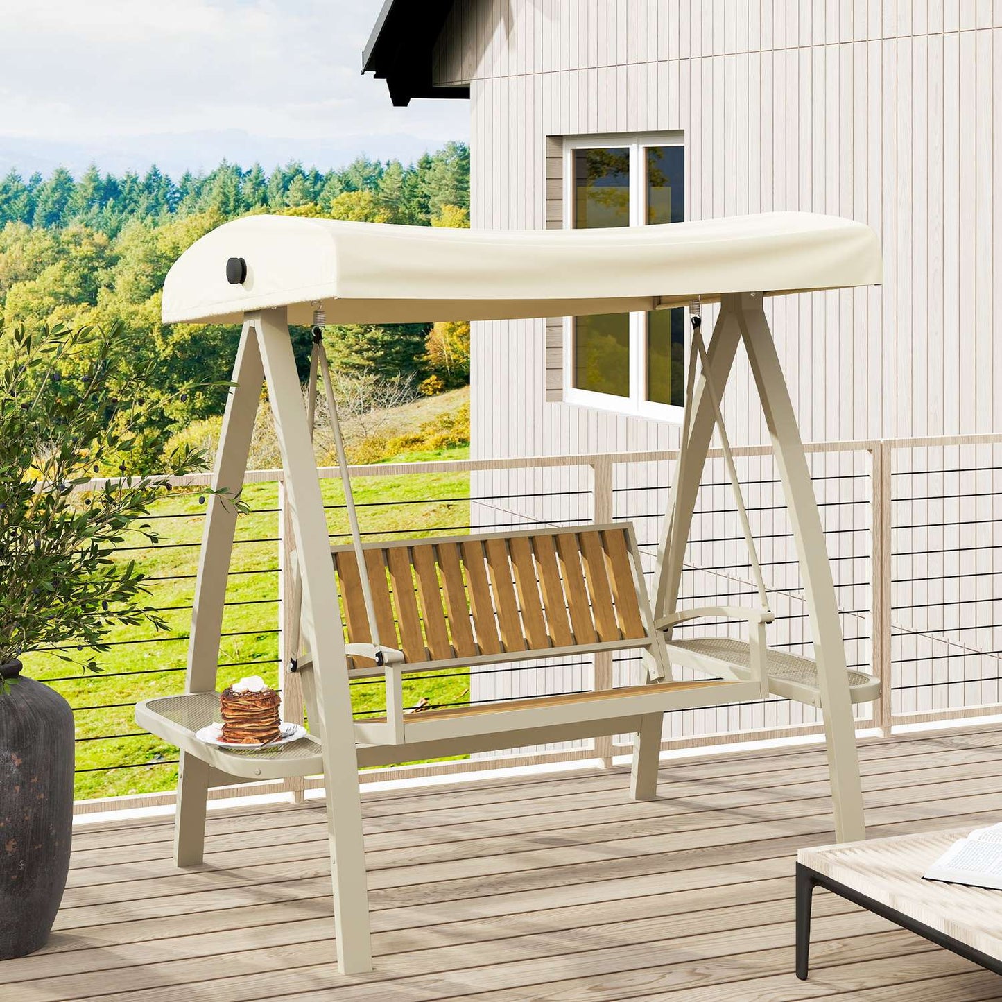 2-seater garden swing with adjustable canopy, side table - beige