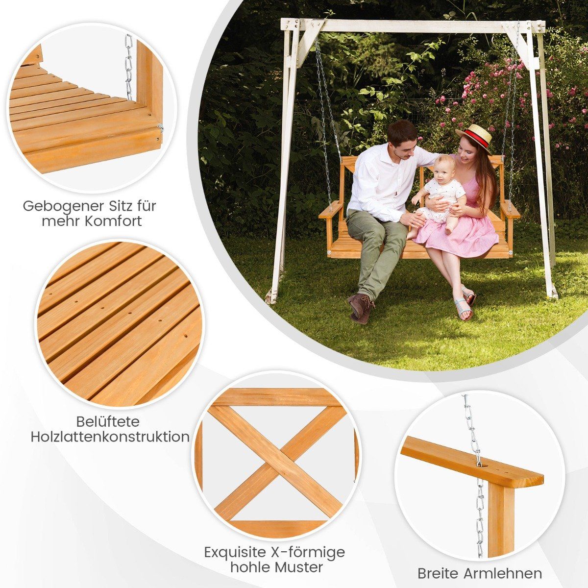 Hollywood swing for 2 people with adjustable chains can hold up to 240 kg, 134 cm natural