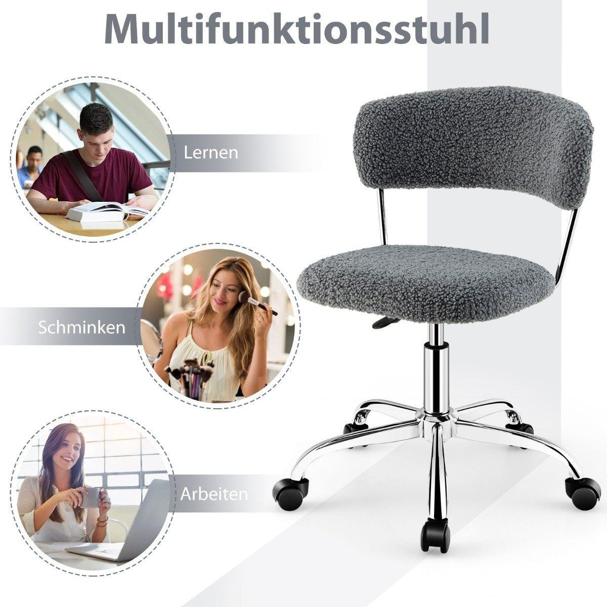 Home Office Swivel Chair Made of Faux Fur with Height-Adjustable Padded Seat Gray