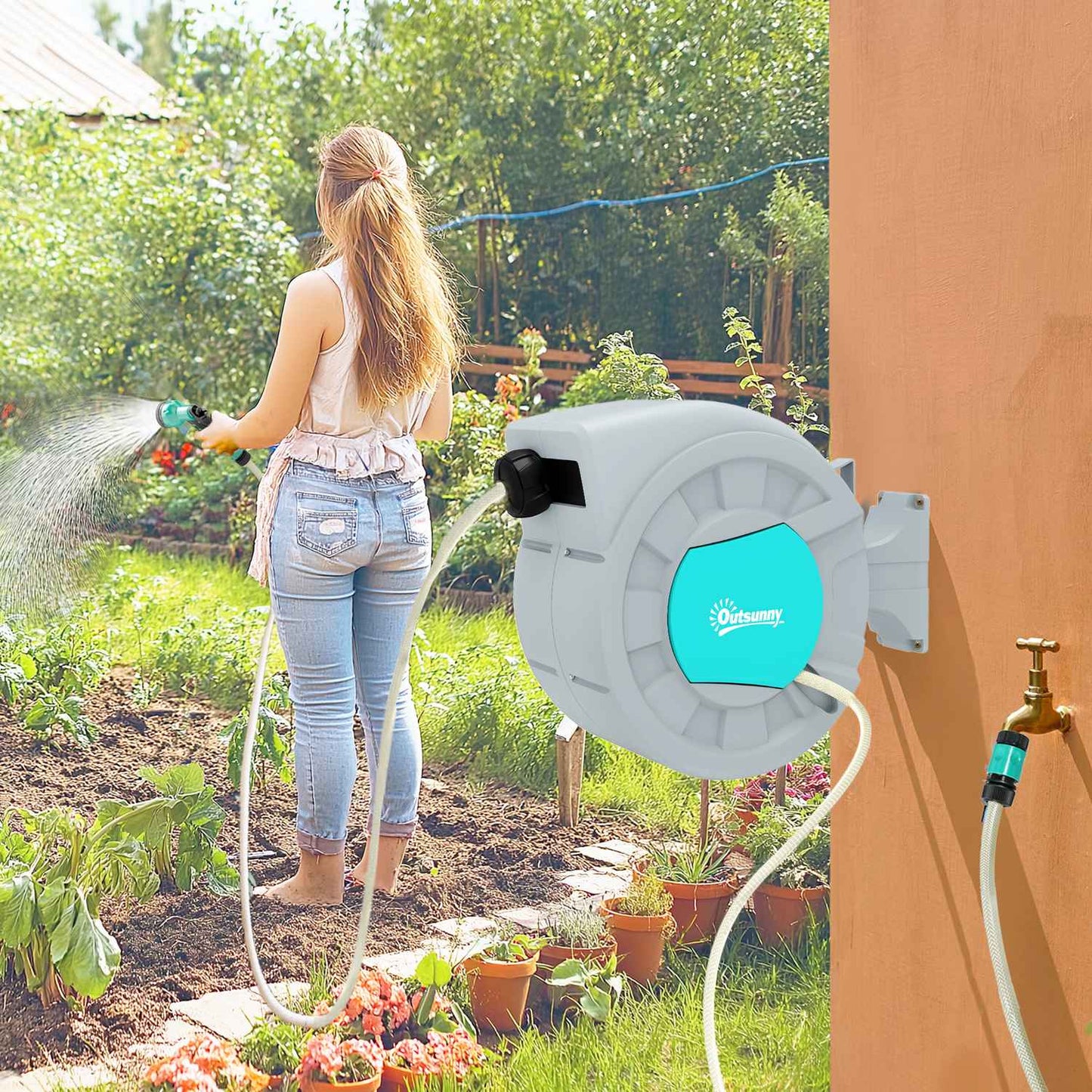 Garden hose reel 20m, wall mount, automatic backwash, 7-function shower