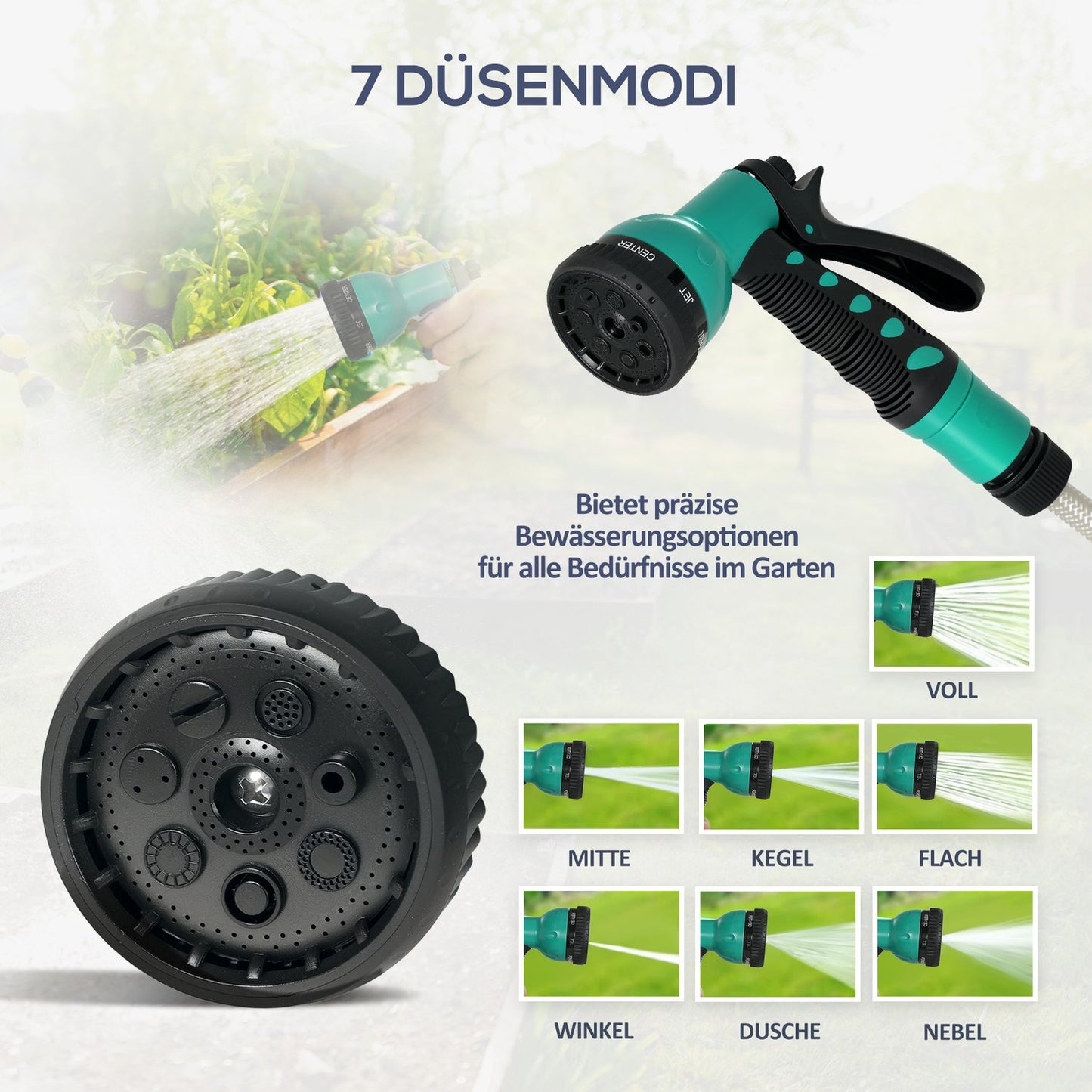 Wall-mounted hose reel with 30 m automatic reel and 7-function spray