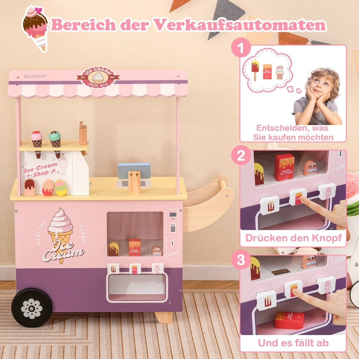 Ice cream cart for children with ice cream toy shop wood with ice cream maker pink