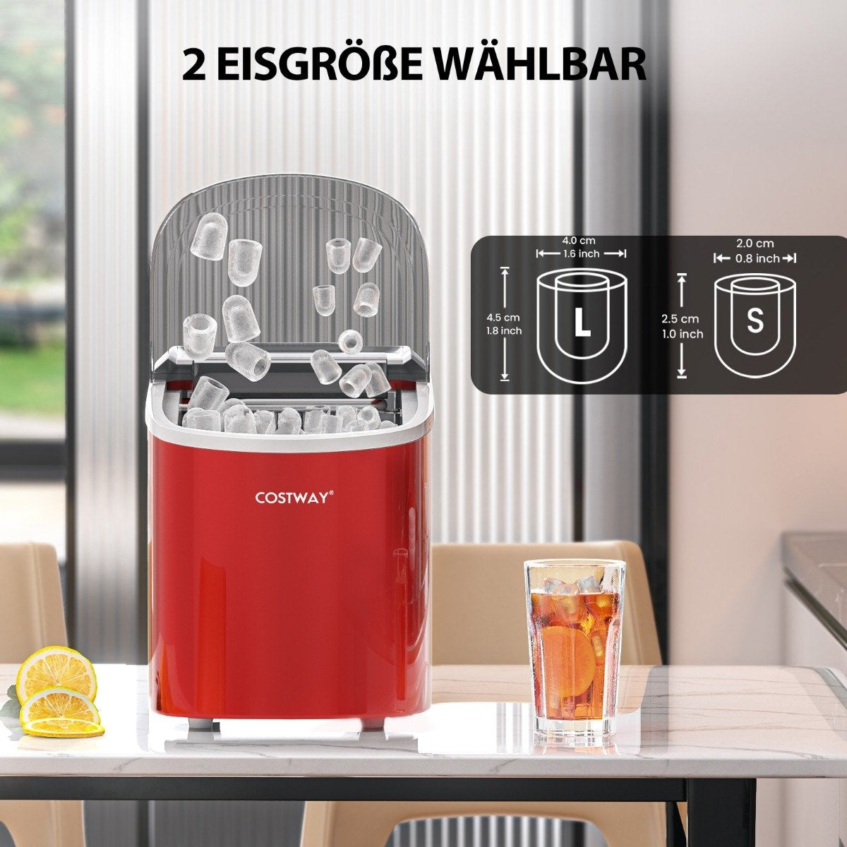 Ice cube machine 2.2 L ice cube machine with spherical ice cubes 24.5 x 35.5 x 32 cm red