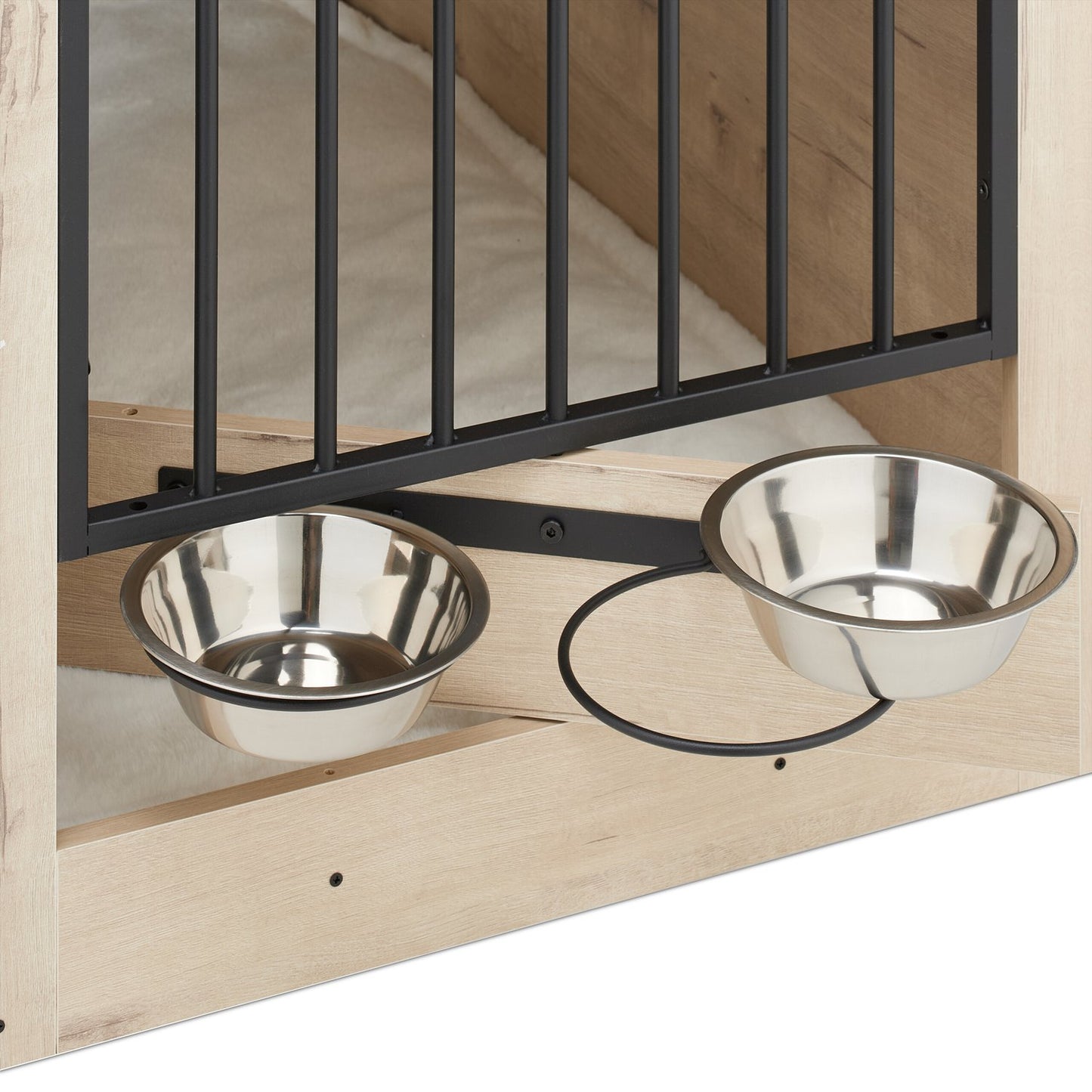 Indoor Dog Crate, Wood Effect, 2 Bowls, Medium Size