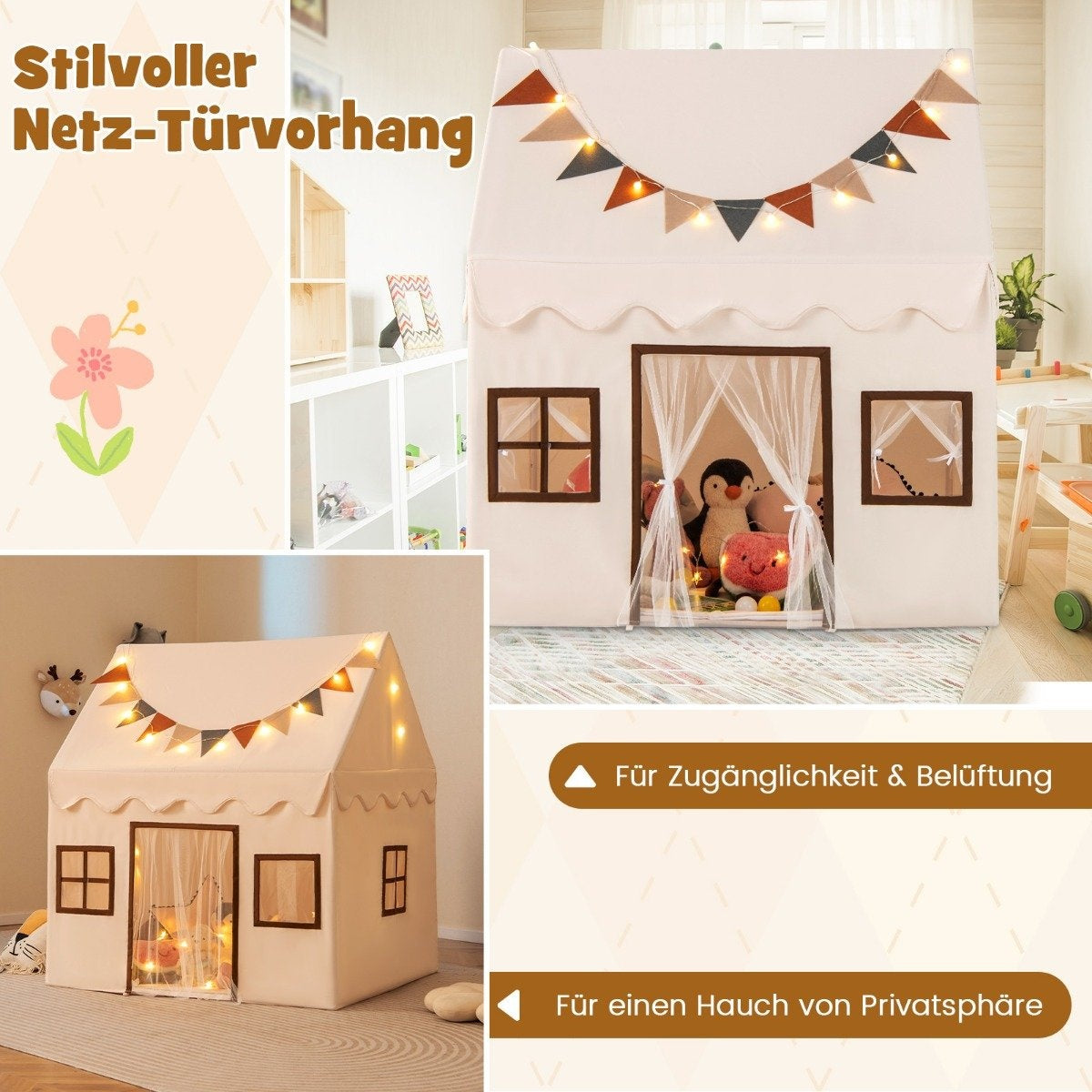 Indoor Kids Play Tent with Mat and Lights, Beige, 123x107x137 cm