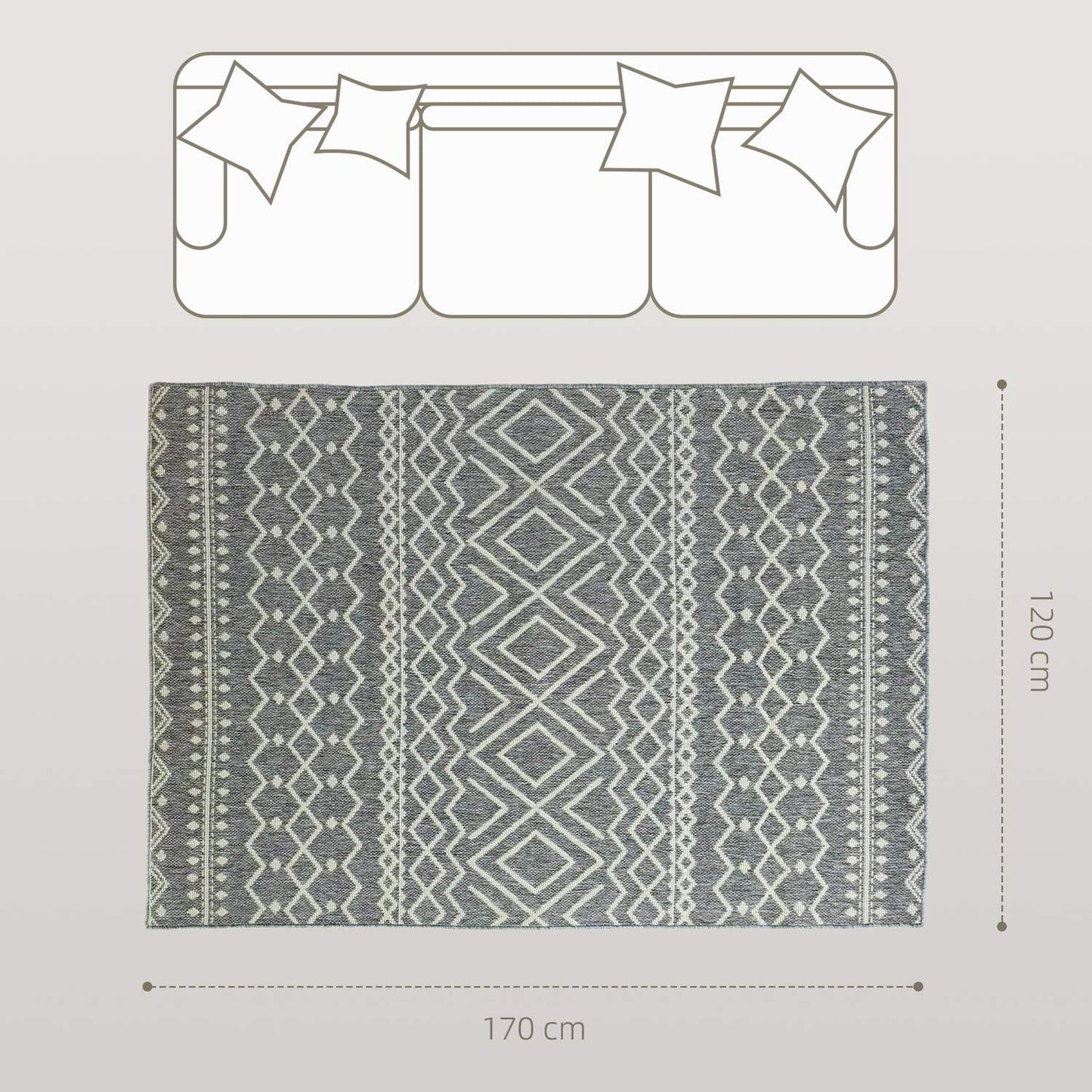 Indoor/Outdoor Boho Rug, Easy-Clean, Grey, 170x120 cm