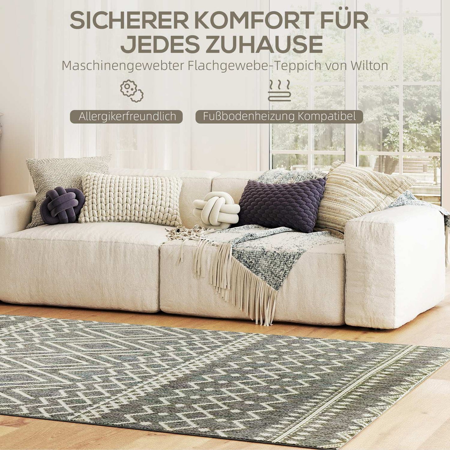 Indoor/Outdoor Boho Rug, Easy-Clean, Grey, 170x120 cm