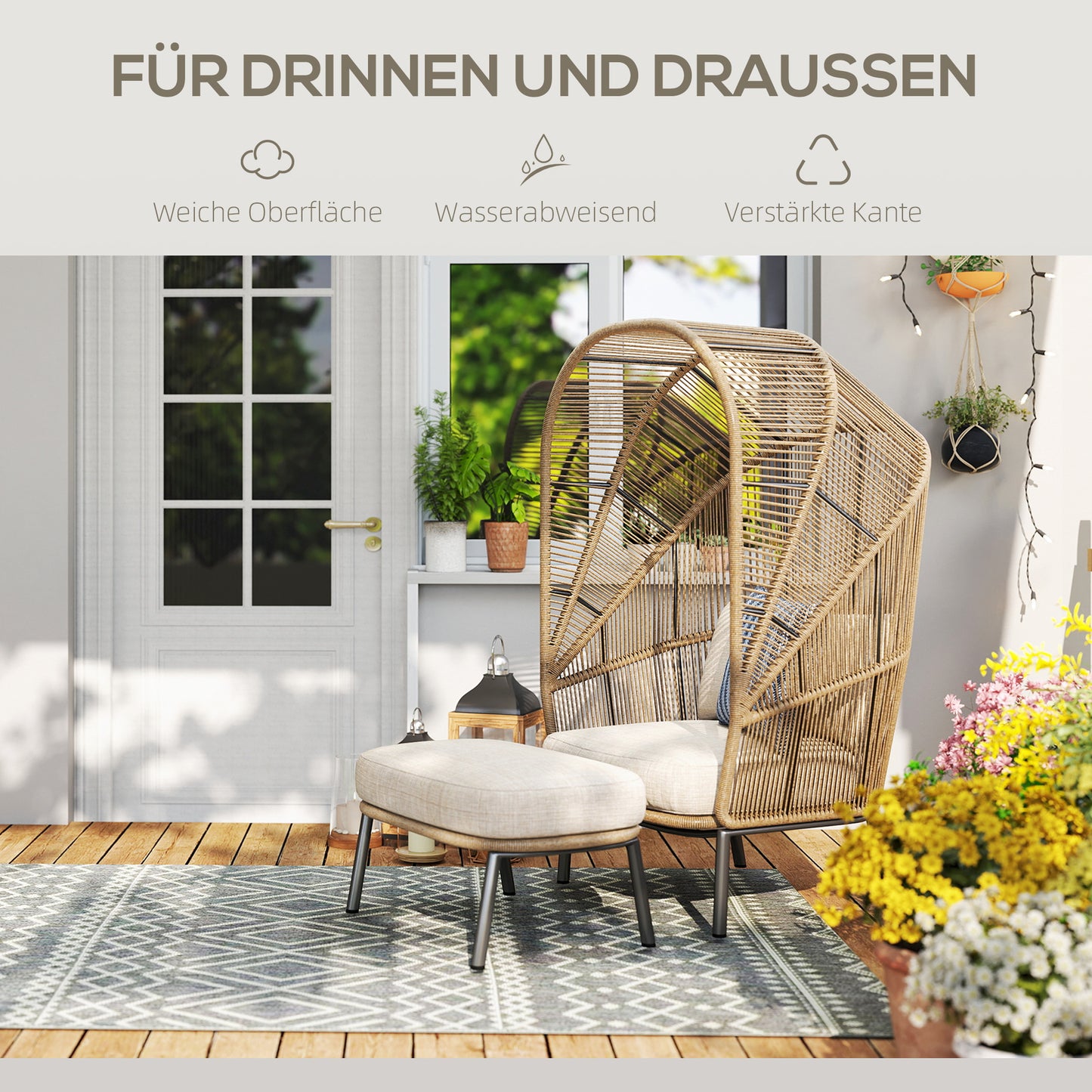 Indoor/Outdoor Boho Rug, Easy Clean, Grey, 200x140 cm