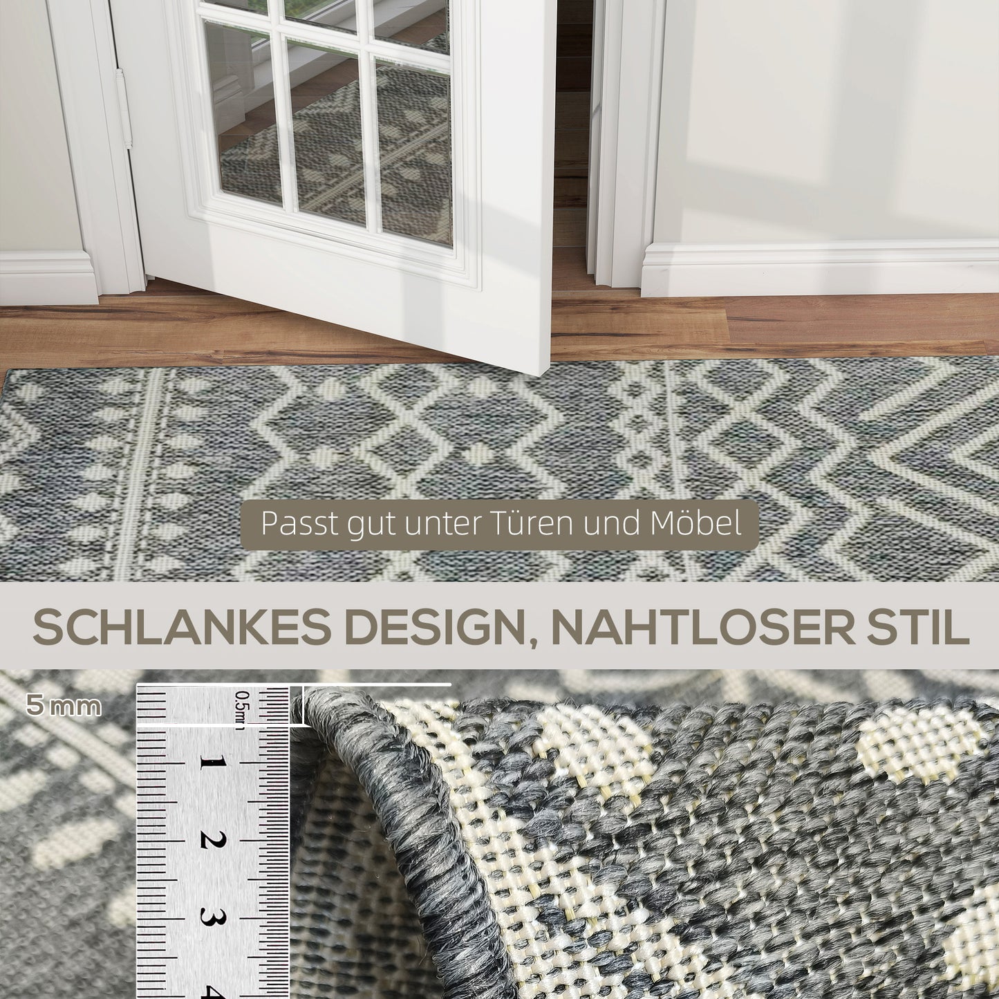 Indoor/Outdoor Boho Rug, Easy Clean, Grey, 200x140 cm