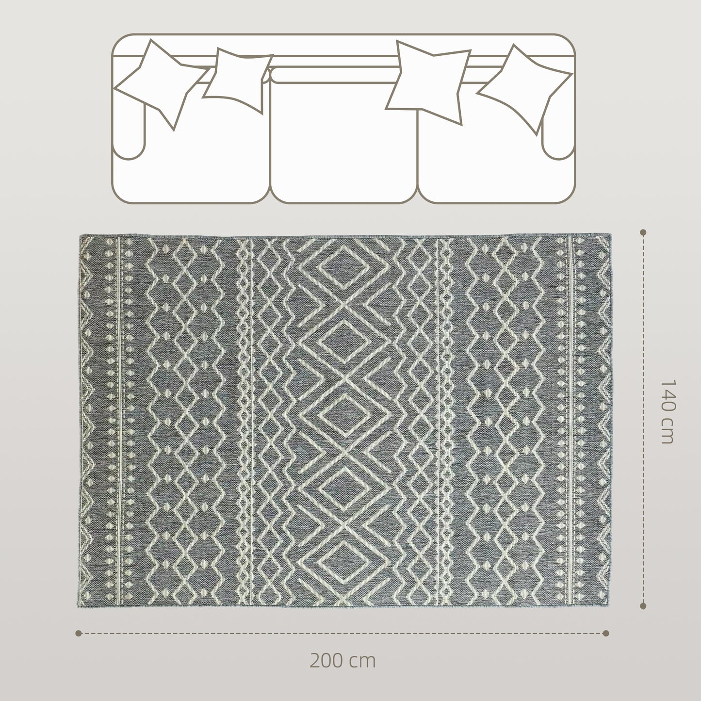 Indoor/Outdoor Boho Rug, Easy Clean, Grey, 200x140 cm