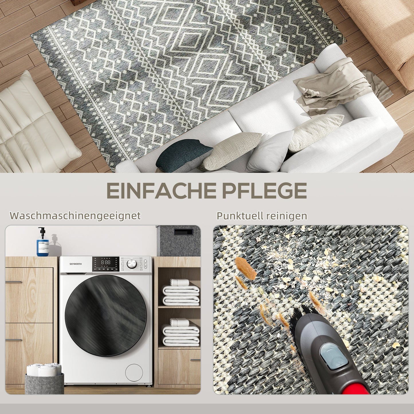 Indoor/Outdoor Boho Rug, Easy Clean, Grey, 200x140 cm