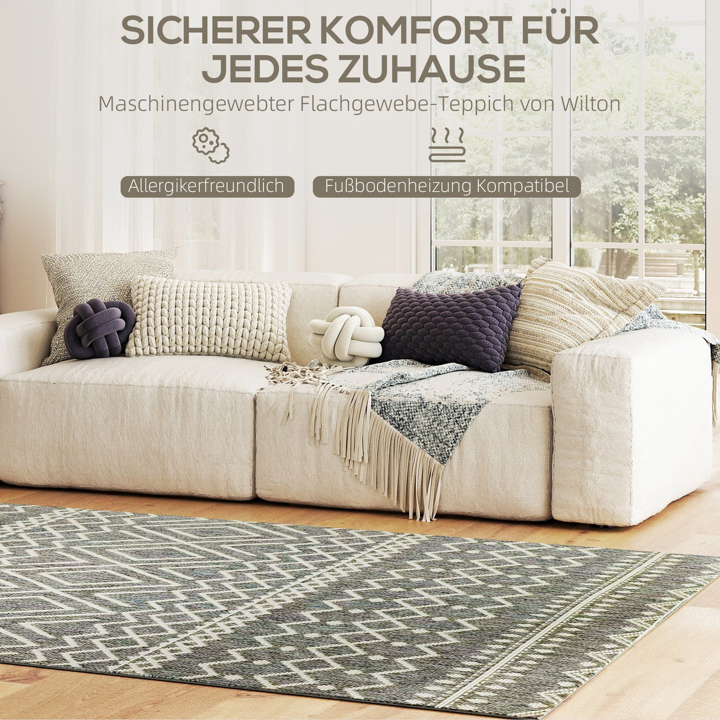Indoor/Outdoor Boho Rug, Easy Clean, Grey, 200x140 cm