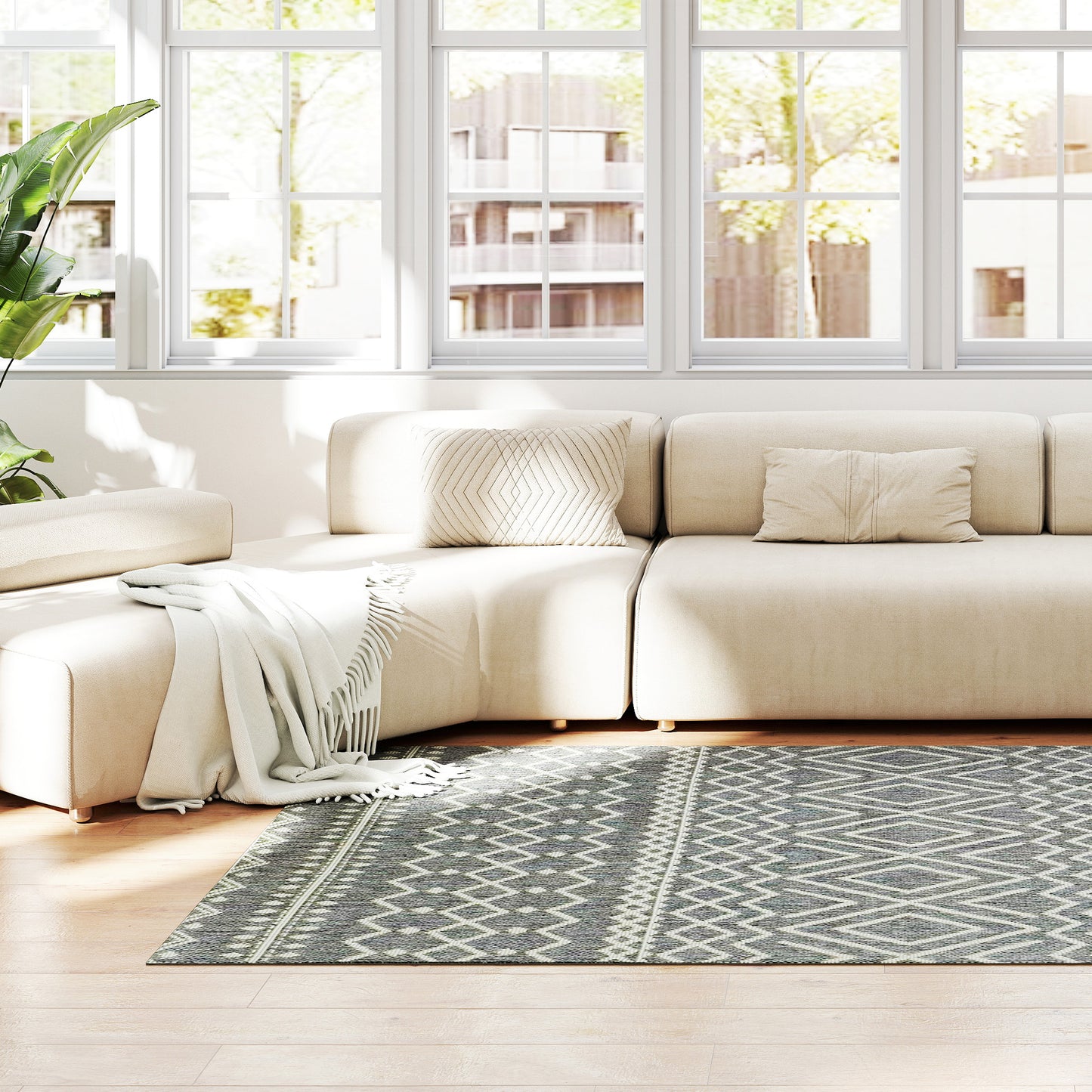 Indoor/Outdoor Boho Rug, Easy Clean, Grey, 200x140 cm