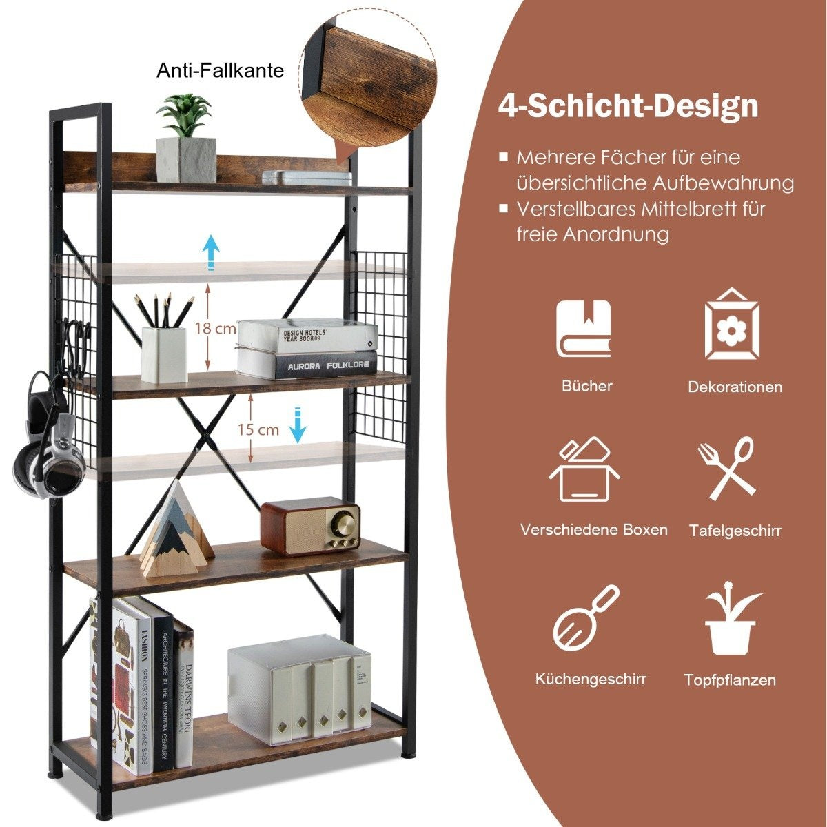 Industrial 4 tier bookcase multifunctional storage rack with anti-tip device