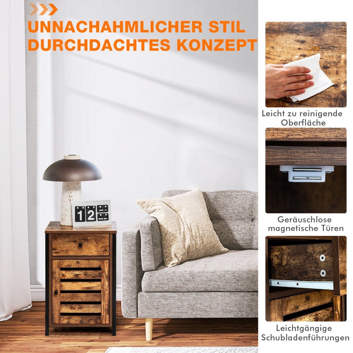 Industrial Adjustable Shelf Nightstand with Drawer