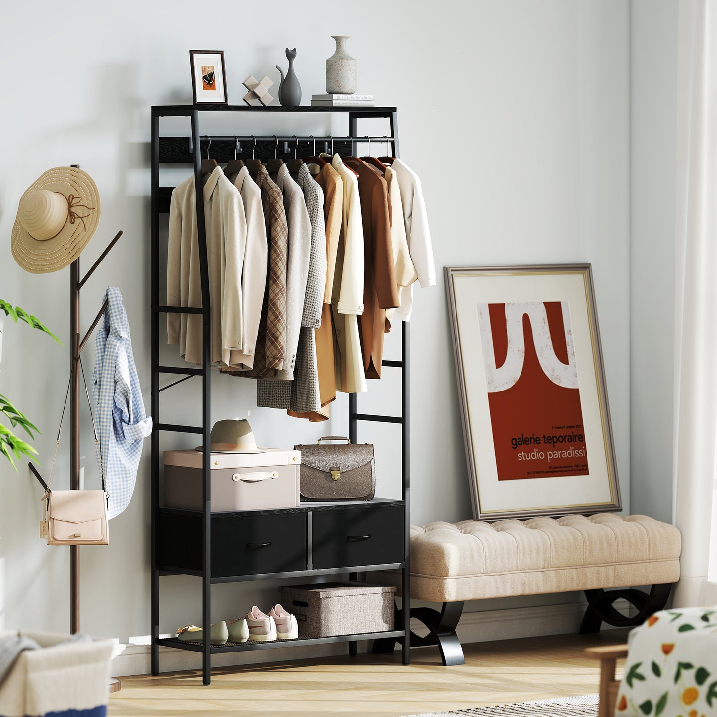 Industrial Coat Rack with Shoe Shelf, 2 Fabric Drawers, 8 Hooks