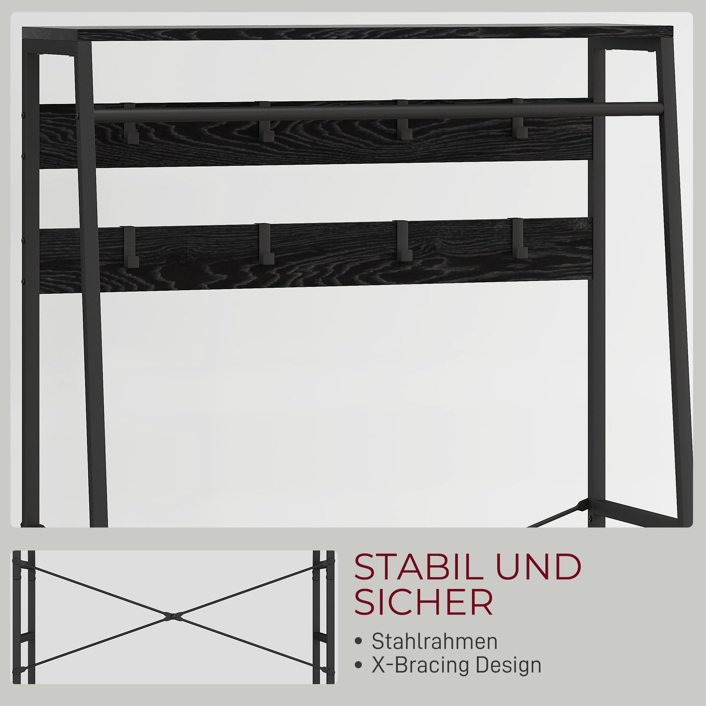 Industrial Coat Rack with Shoe Shelf, 2 Fabric Drawers, 8 Hooks