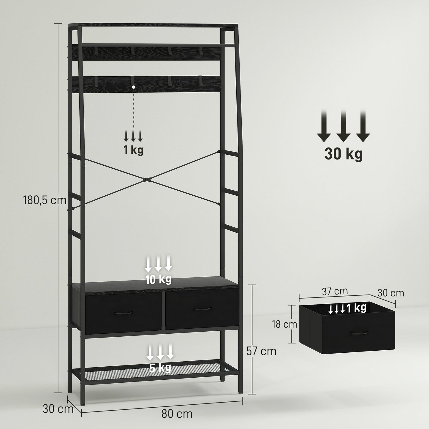 Industrial Coat Rack with Shoe Shelf, 2 Fabric Drawers, 8 Hooks