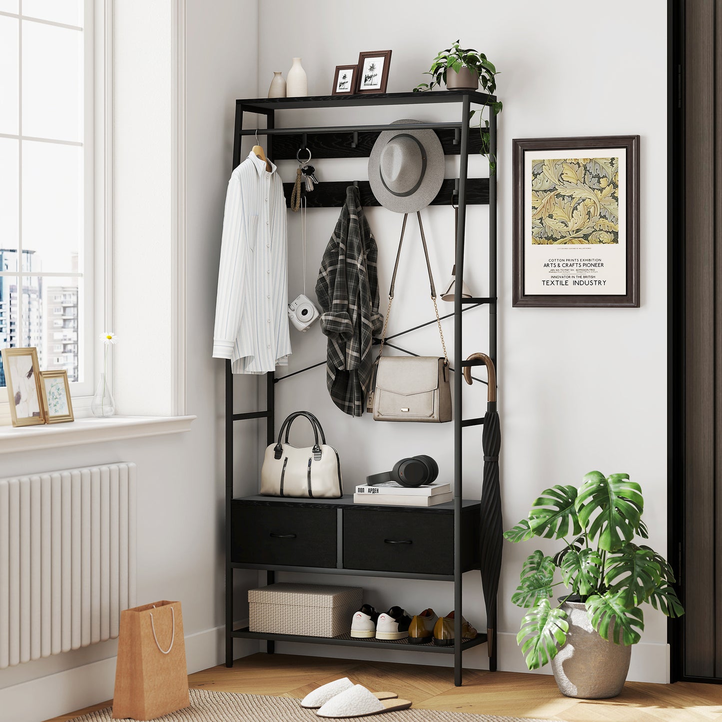 Industrial Coat Rack with Shoe Shelf, 2 Fabric Drawers, 8 Hooks