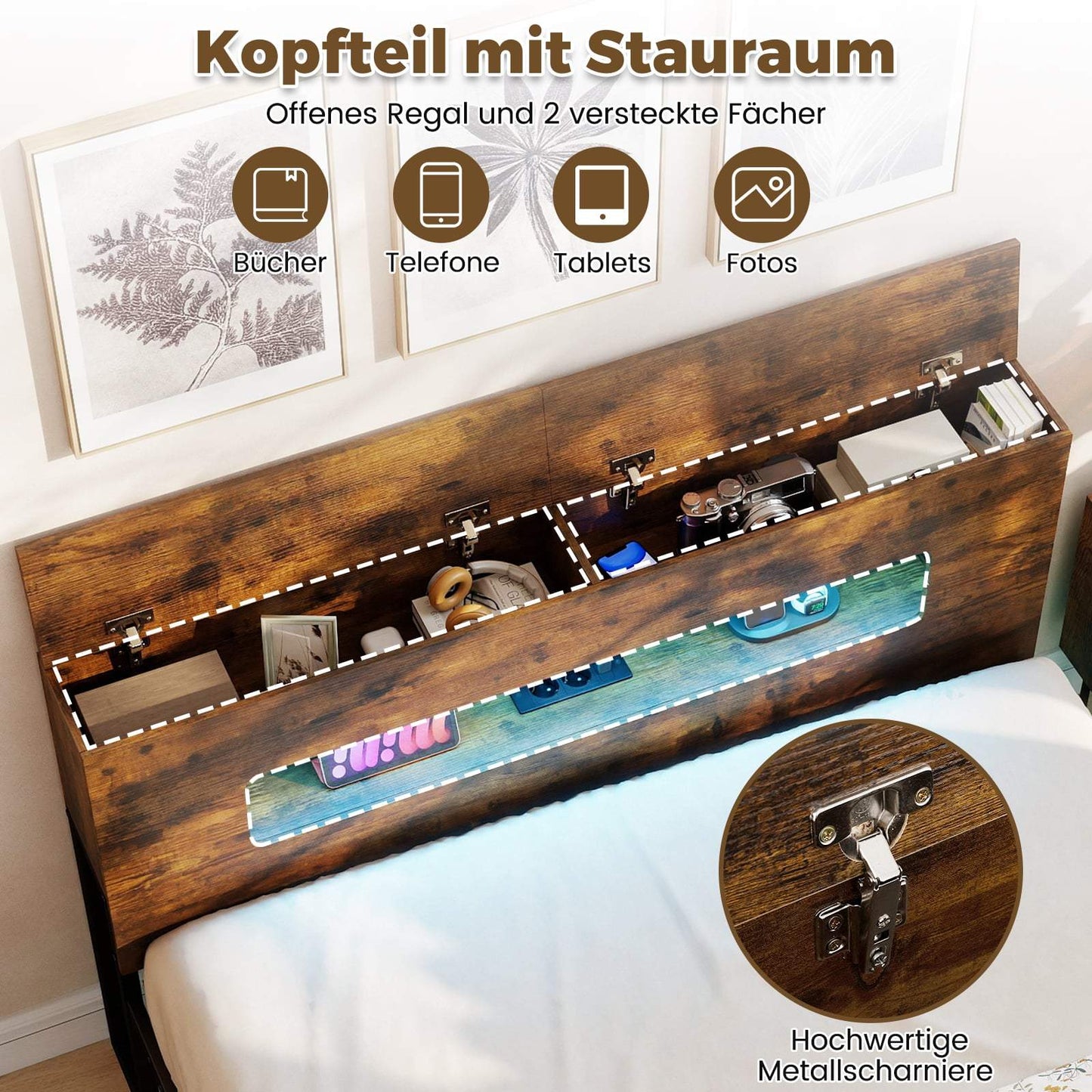 Industrial Platform Bed Frame with LED Lights, Storage Headboard, 200x140 cm