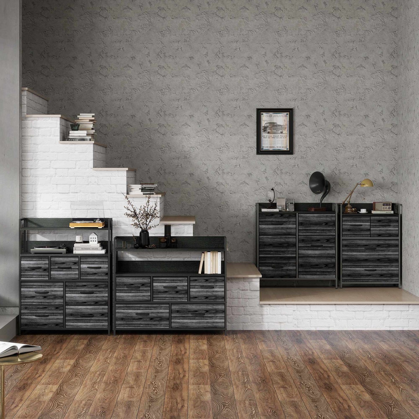 Industrial Sideboard with 4 Fabric Drawers, Black, 60x29x85cm