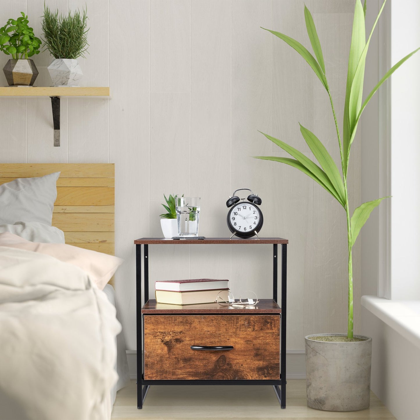 Industrial bedside table with drawer