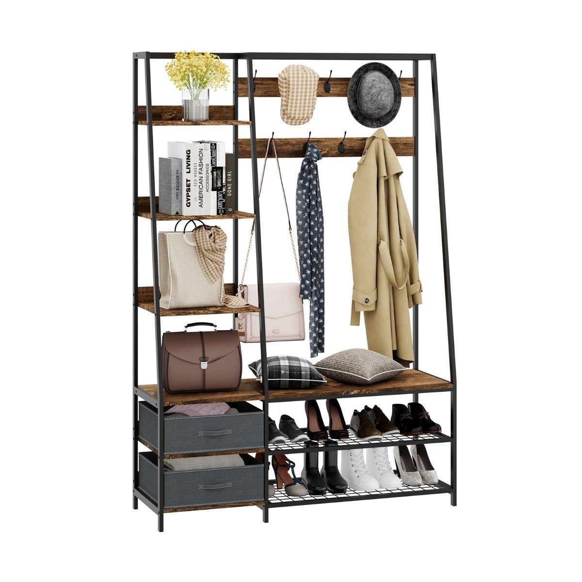 Industrial coat rack with shoe bench for the entrance area 122x40x180 cm Rustic brown