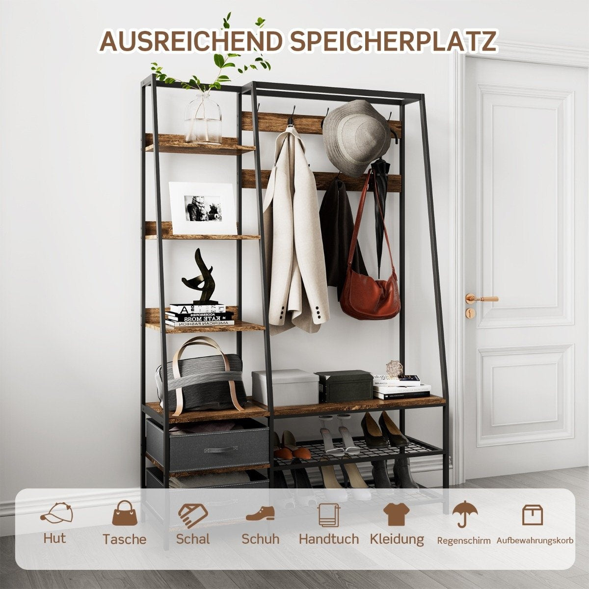 Industrial coat rack with shoe bench for the entrance area 122x40x180 cm Rustic brown