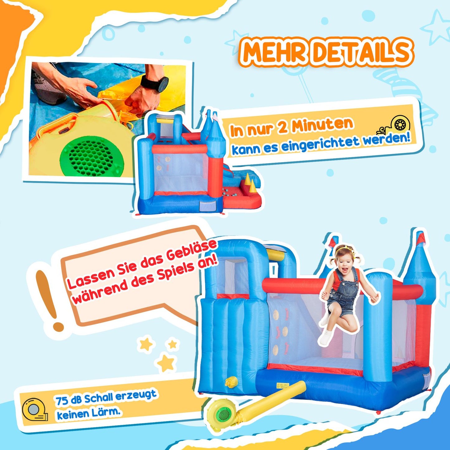 Inflatable bouncy castle with slide and pool for children 3-8