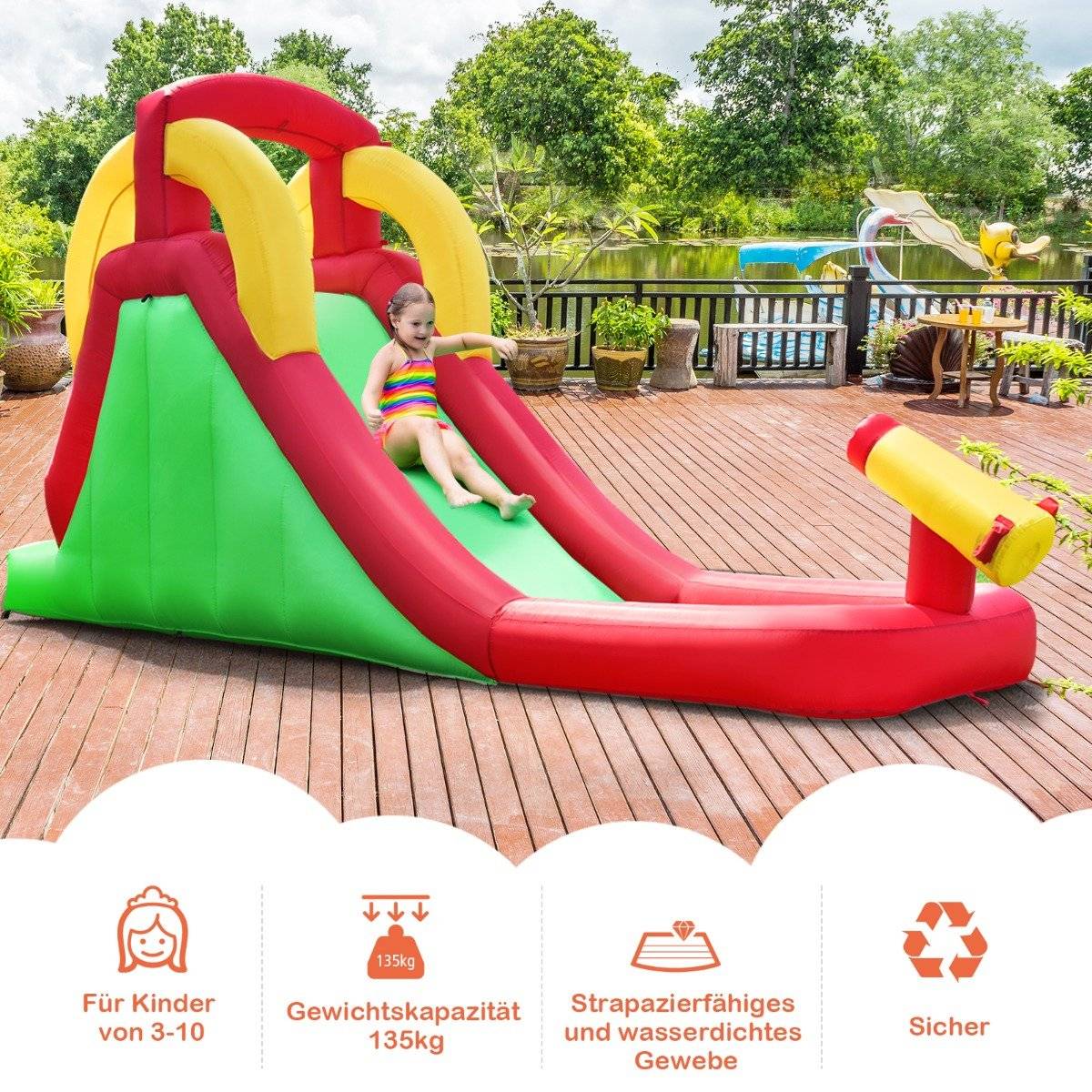 Inflatable Bouncy Castle Water Slide Park Play Pool Slide 470 x 120 x 242cm Green + Red + Yellow