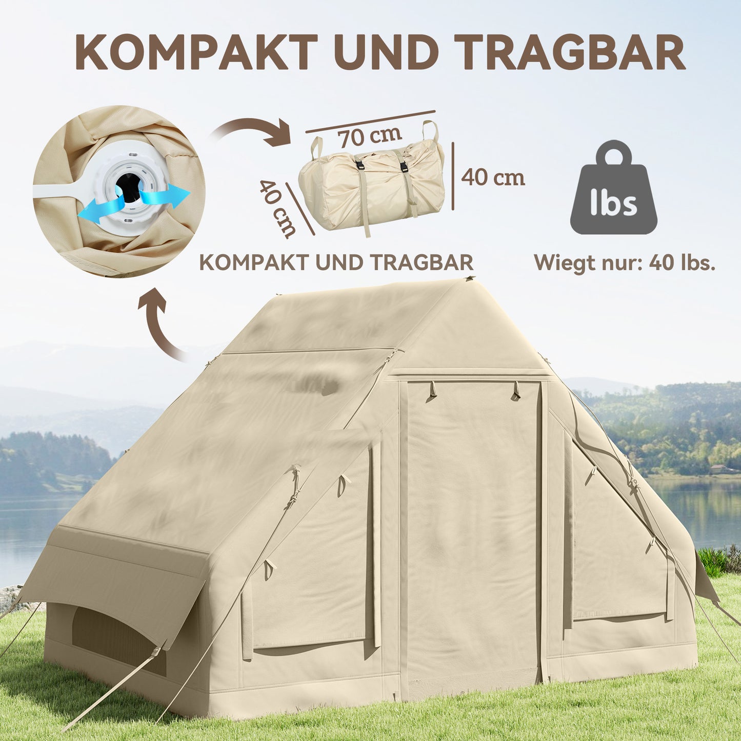 Inflatable camping tent for 3 - Waterproof and windproof 4-season