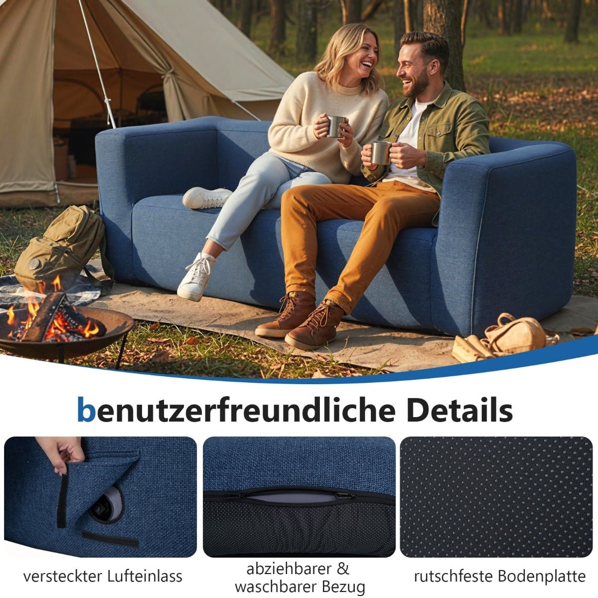 Inflatable Double Sofa with Removable Cover, Blue, 138 cm