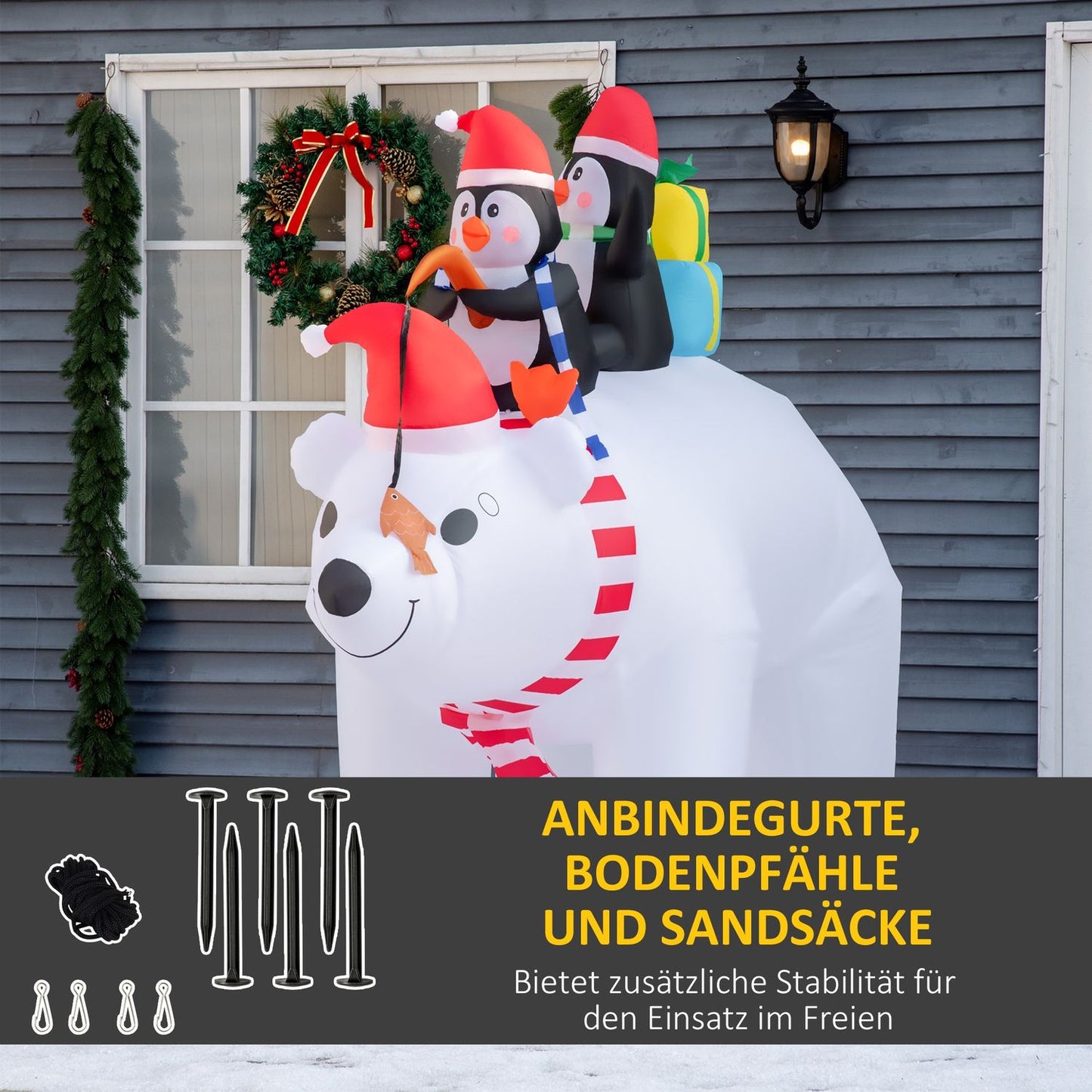 Inflatable Polar Bear and Penguins Christmas Decoration, 2.1M - Weatherproof and Illuminated
