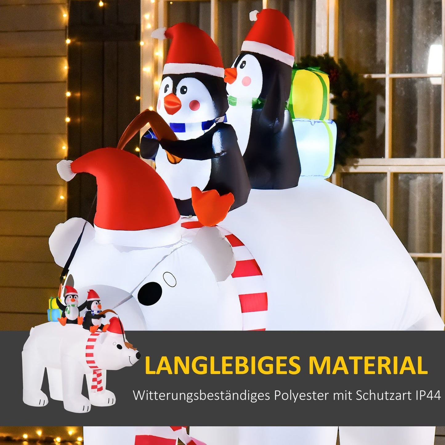 Inflatable Polar Bear and Penguins Christmas Decoration, 2.1M - Weatherproof and Illuminated