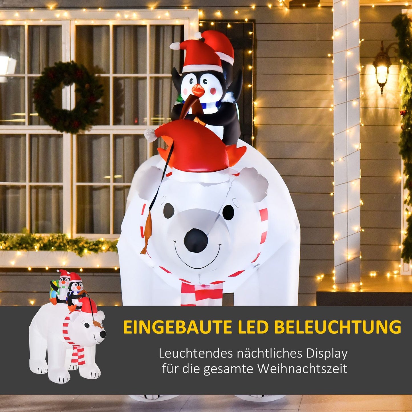Inflatable Polar Bear and Penguins Christmas Decoration, 2.1M - Weatherproof and Illuminated