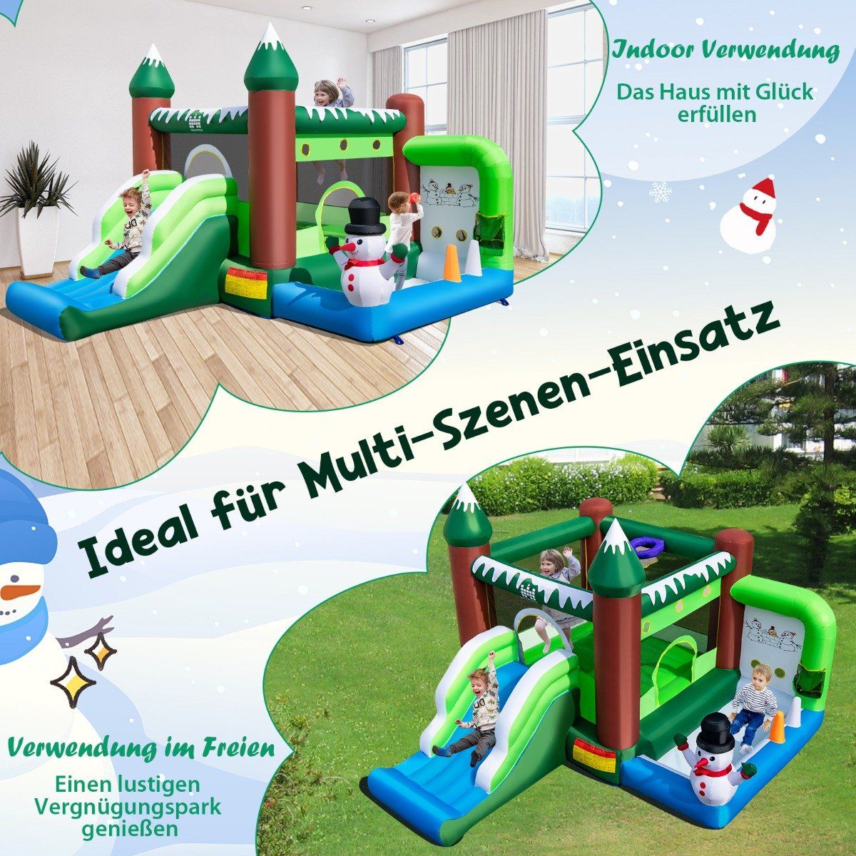 Inflatable bouncy castle for children with slide, ball pit, basketball hoop & throwing holes. Play paradise in winter motif with 735 W air blower