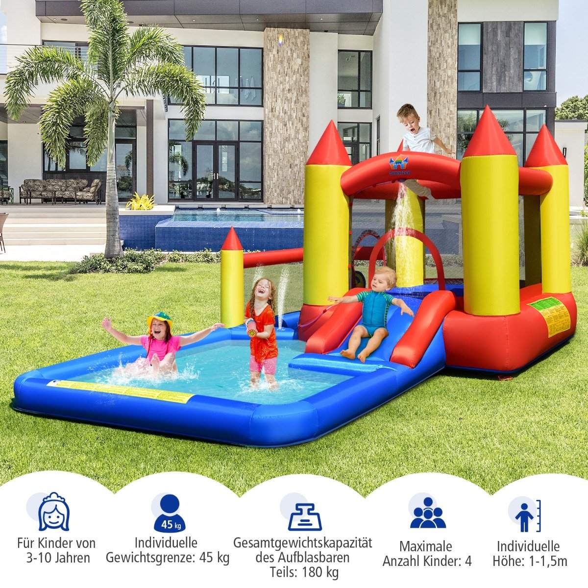 Inflatable bouncy castle with blower & slide & ball pit & basketball ring & paddling pool