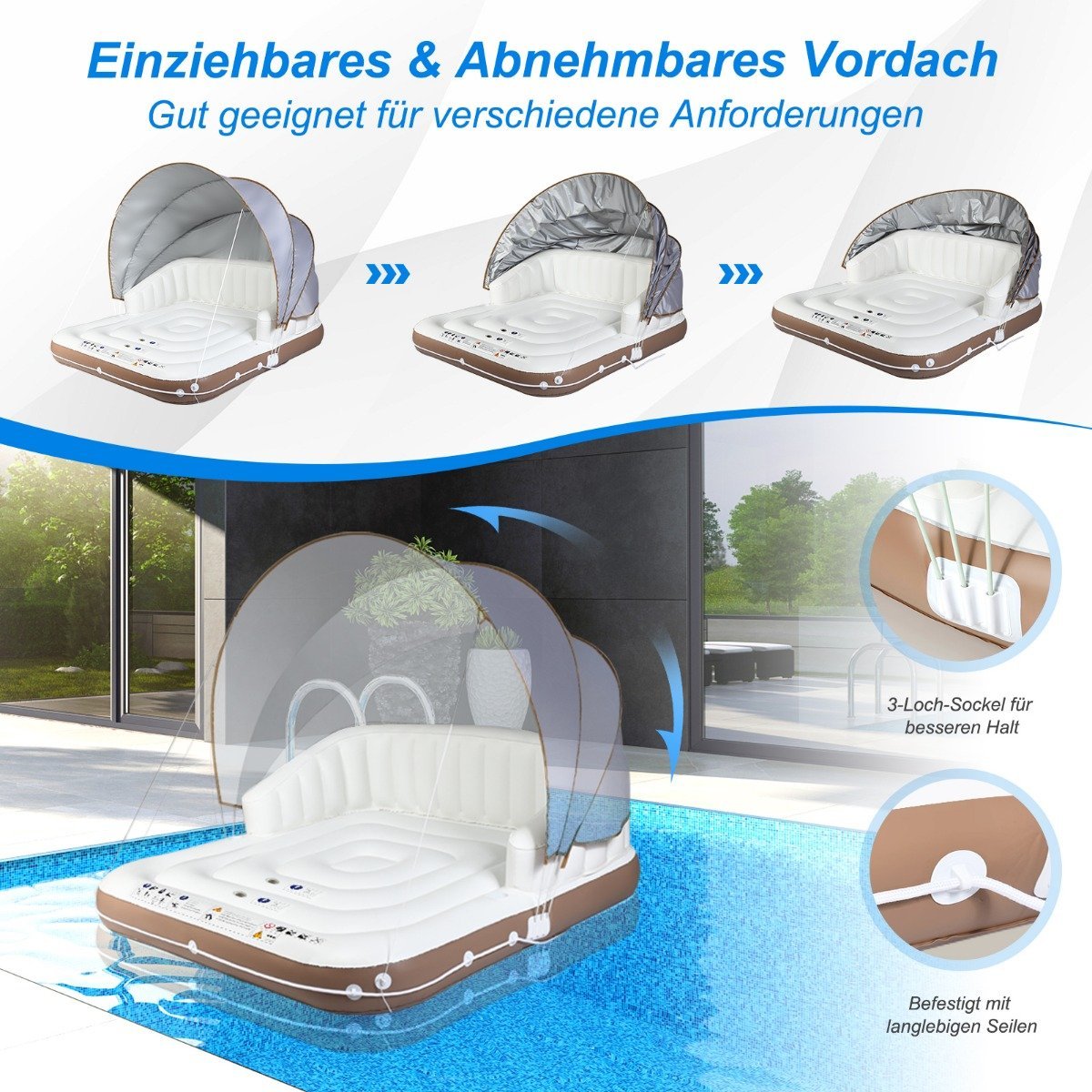 Inflatable pool platform with retractable & removable canopy 180 x 180 x 160 cm