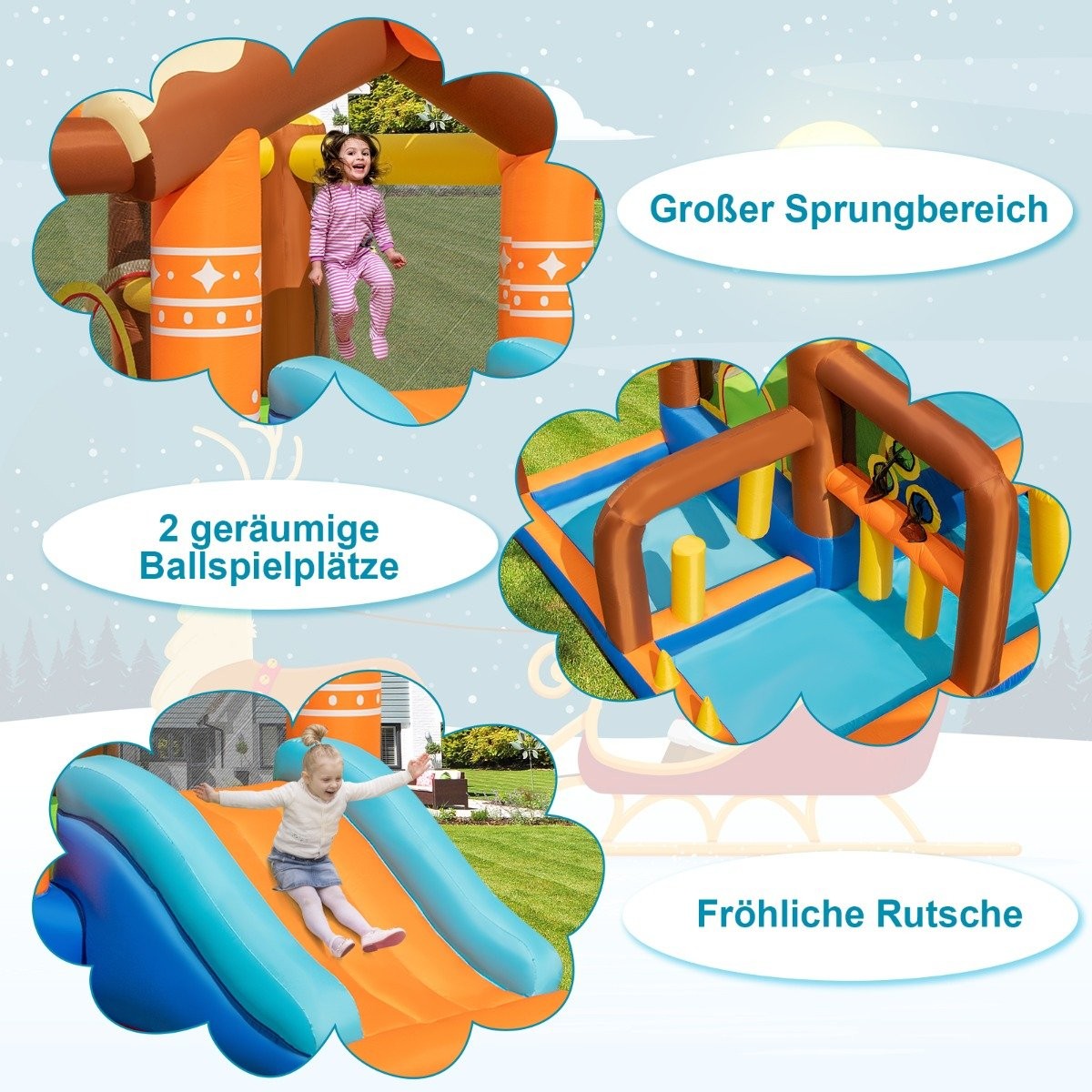 Inflatable reindeer bouncy castle with slide & 2 ball pits & throwing game 420 x 310 x 260 cm