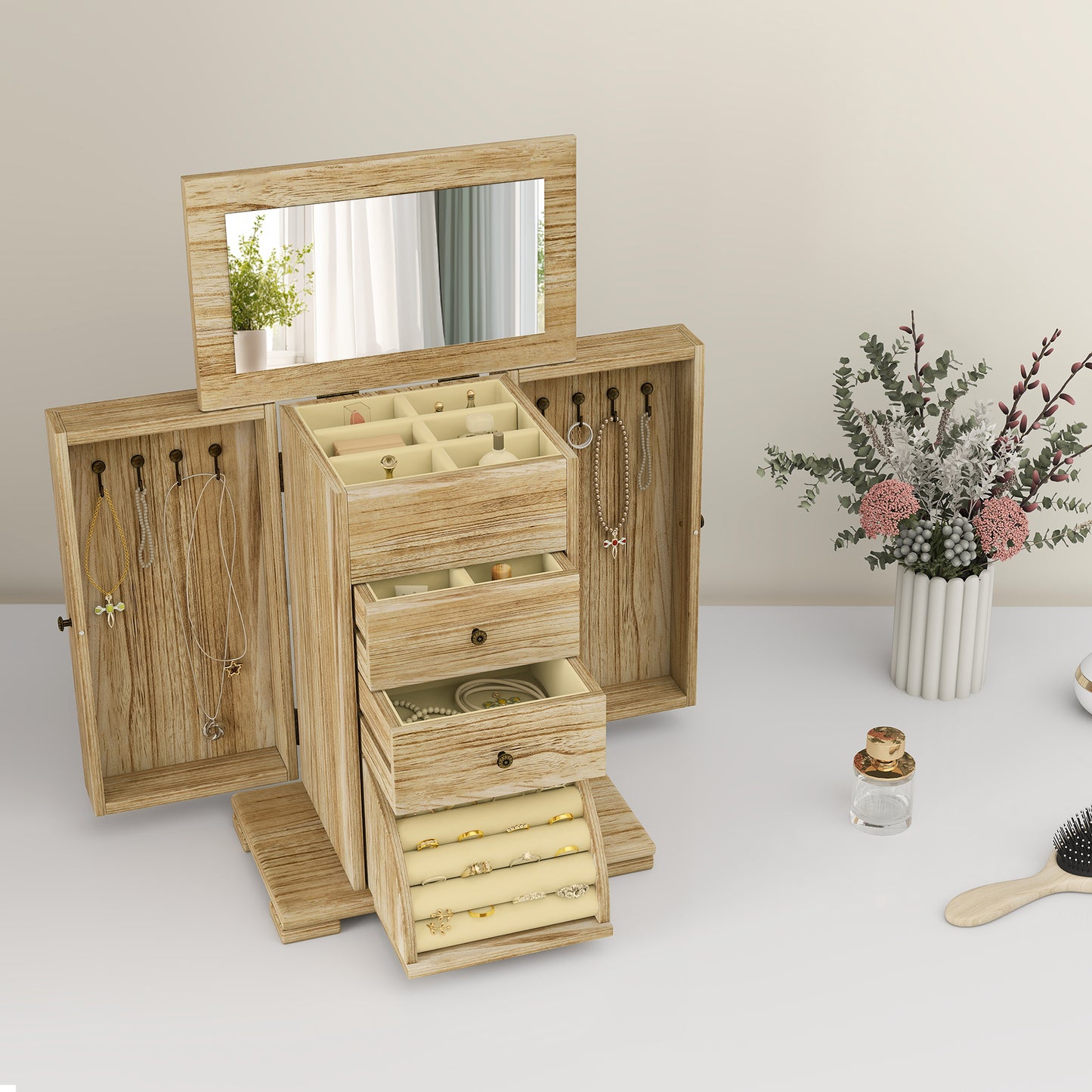 Jewelry Box with Mirror, 4-Tier, Brown Paulownia Wood