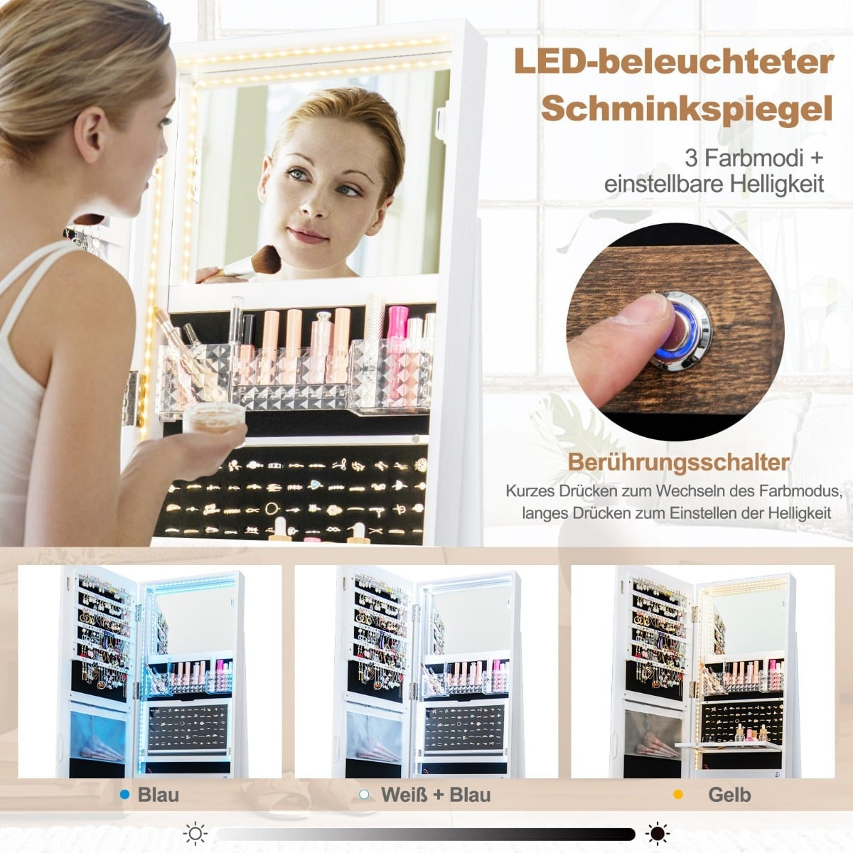 Jewelry Cabinet with LED Mirror, 360 Rotating, White