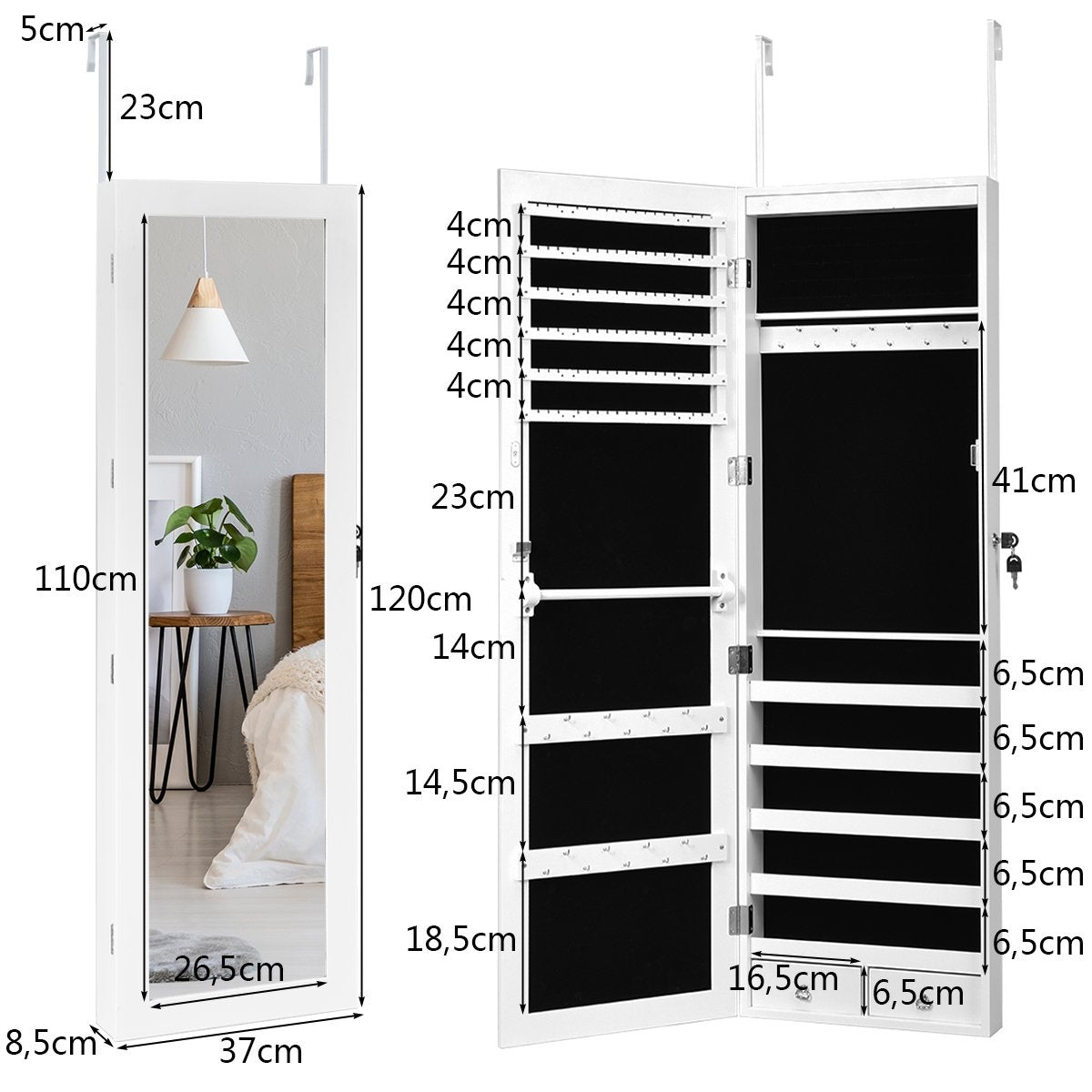 Jewelry cabinet with 15 LED jewelry shelf jewelry organizer 37 x 8.5 x 120 cm white