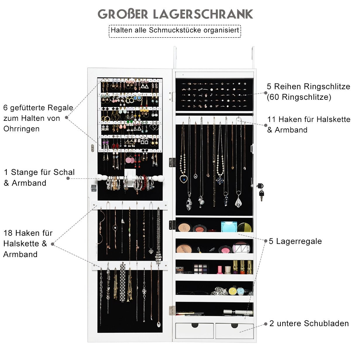 Jewelry cabinet with 15 LED lights & full-length mirror & door/wall mounting white