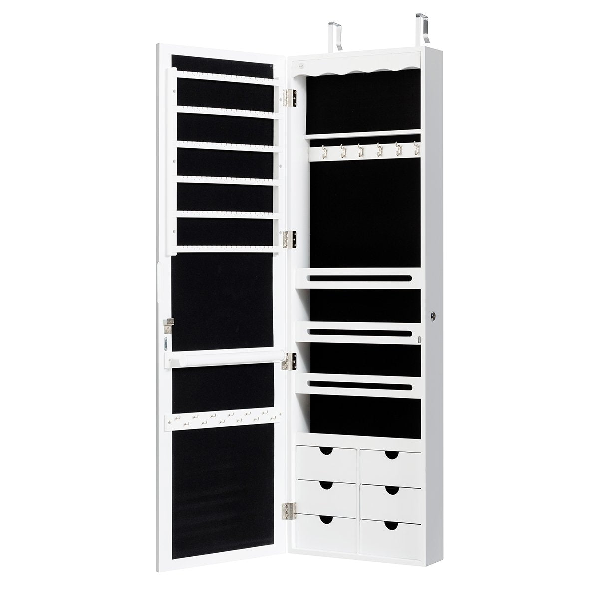 Jewelry cabinet with LED Lockable wall/door jewelry cabinet with mirror & 6 drawers white