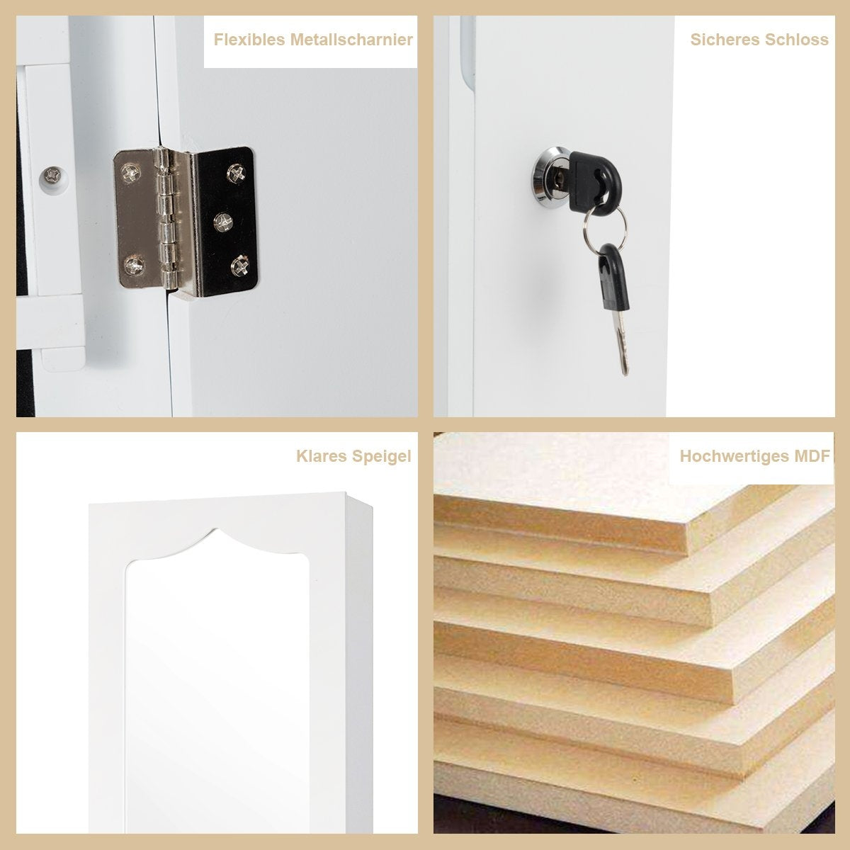 Jewelry cabinet with LED Lockable wall/door jewelry cabinet with mirror & 6 drawers white
