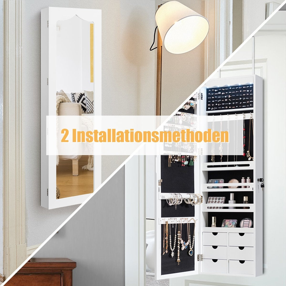 Jewelry cabinet with LED Lockable wall/door jewelry cabinet with mirror & 6 drawers white